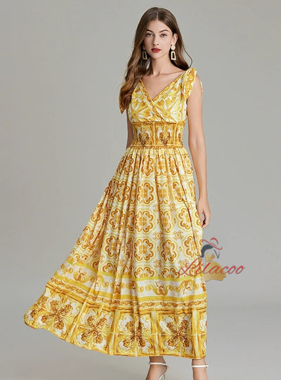 Retro V-neck Printed Slim Dress