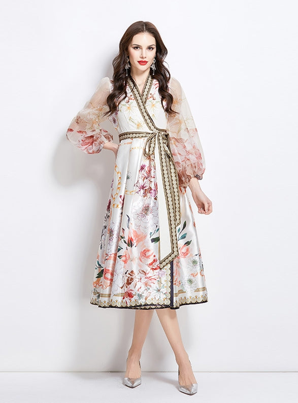 Retro Printed Long Sleeve Dress
