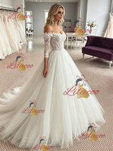 White Tulle Off the Shoulder Appliques Wedding Dress