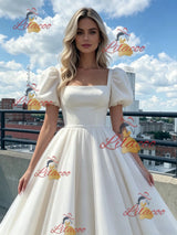 Beige Tulle Puff Sleeve Prom Dress