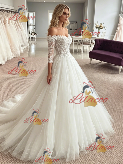 White Tulle Off the Shoulder Appliques Wedding Dress