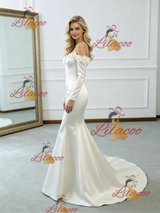 Beige White Mermaid Satin Long Sleeve Flower Wedding Dress