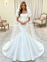 White Mermaid Puff Sleeve Wedding Dress