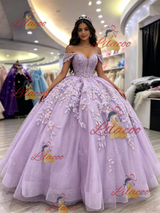 Purple Tulle Straps Appliques Quinceanera Dress