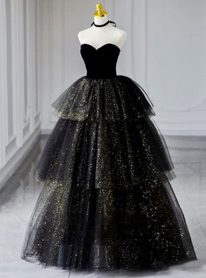 Black Tulle Sequins Strapless Tiers Prom Dress