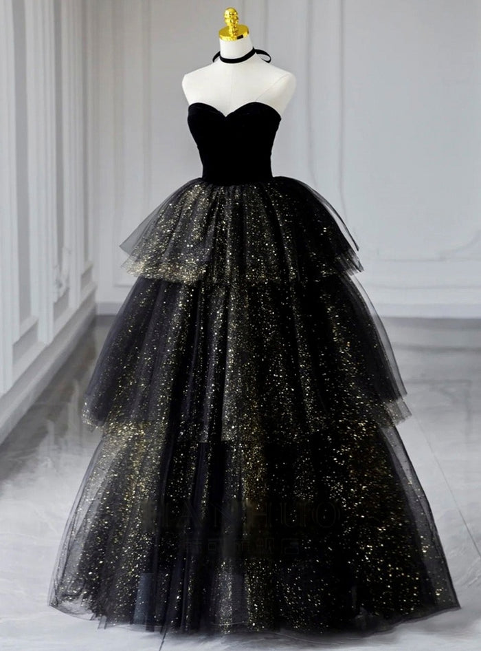 Black Tulle Sequins Strapless Tiers Prom Dress