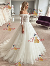 White Tulle Off the Shoulder Appliques Wedding Dress