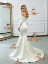 Beige White Mermaid Satin Long Sleeve Flower Wedding Dress