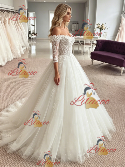 White Tulle Off the Shoulder Appliques Wedding Dress