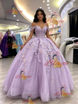 Purple Tulle Straps Appliques Quinceanera Dress