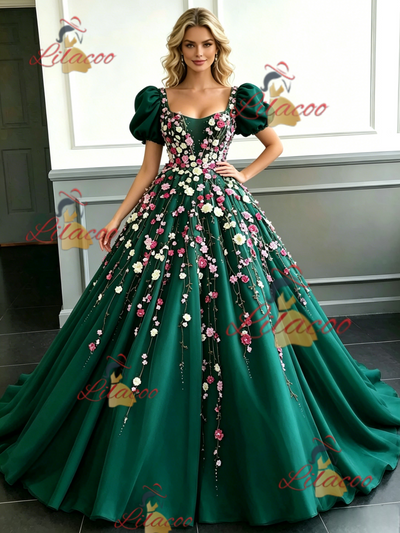 Green Tulle Puff Sleeve Appliques Prom Dress