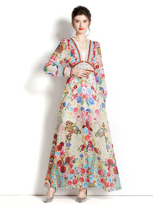Long Sleeve Lantern Sleeve Printed Dress