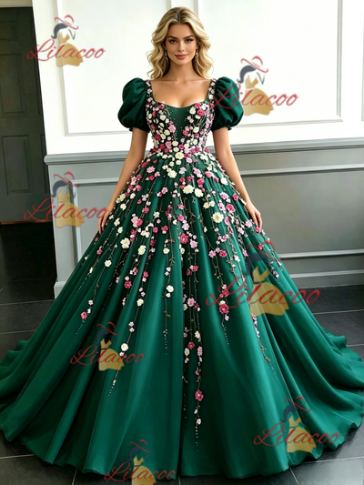 Green Tulle Puff Sleeve Appliques Prom Dress