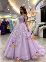 Purple Tulle Straps Appliques Quinceanera Dress