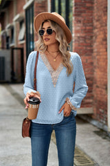 Jacquard Chiffon Long-sleeved Loose V-neck Top