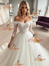 White Tulle Off the Shoulder Appliques Wedding Dress