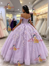 Purple Tulle Straps Appliques Quinceanera Dress