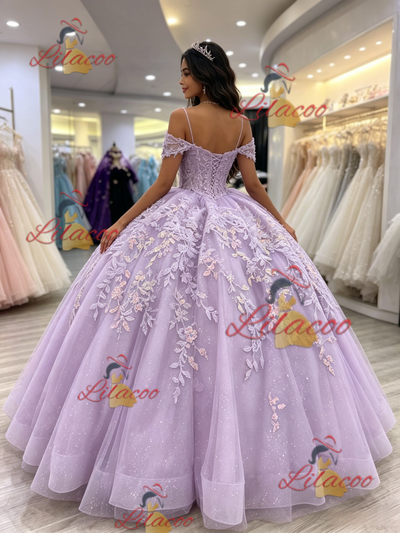 Purple Tulle Straps Appliques Quinceanera Dress