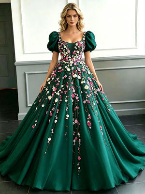 Green Tulle Puff Sleeve Appliques Prom Dress