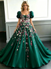 Green Tulle Puff Sleeve Appliques Prom Dress