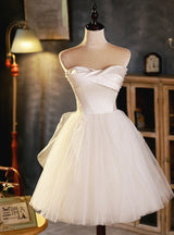Beige Tulle Satin Pleats Homecoming Dress