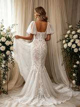 White Mermaid Lace Puff Sleeve Wedding Dress