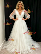 White Tulle V-neck Short Sleeve Pleats Wedding Dress