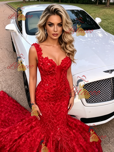 Sexy Red Mermaid Straps Prom Dress