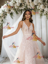 Champagne Lace V-neck Wedding Dress