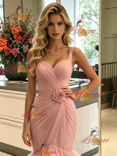 Pink Mermaid Straps Pleats Prom Dress