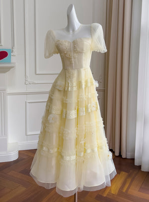 Yellow Short Sleeve Flower Prom Dress