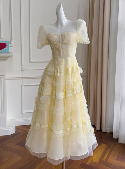 Yellow Short Sleeve Flower Prom Dress
