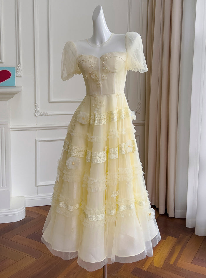 Yellow Short Sleeve Flower Prom Dress