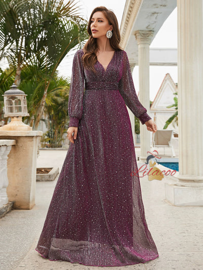 V-neck Long Sleeve Pleats Prom Dress