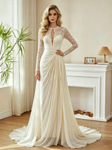 Ivory Long Sleeve Lace Pleats Wedding Dress