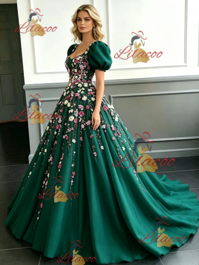 Green Tulle Puff Sleeve Appliques Prom Dress