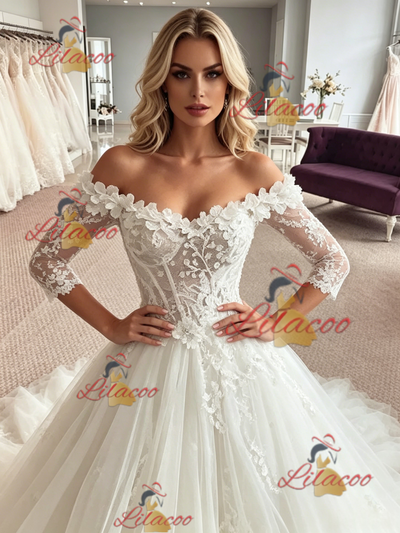 White Tulle Off the Shoulder Appliques Wedding Dress