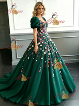 Green Tulle Puff Sleeve Appliques Prom Dress