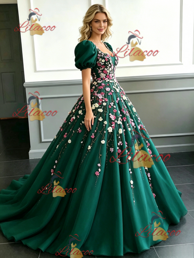Green Tulle Puff Sleeve Appliques Prom Dress