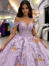 Purple Tulle Straps Appliques Quinceanera Dress
