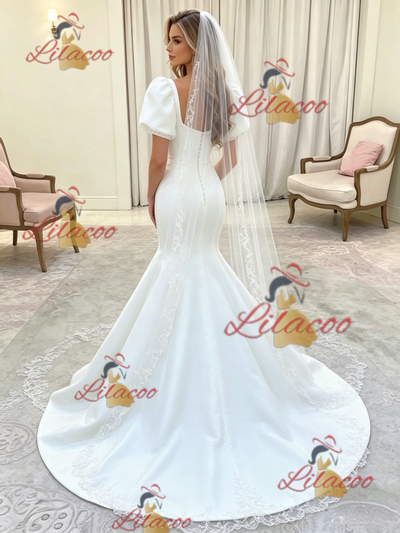 White Mermaid Puff Sleeve Wedding Dress