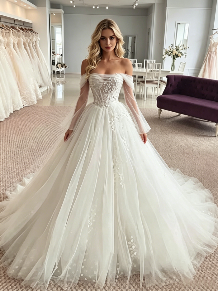 White Tulle Long Sleeve Appliques Wedding Dress