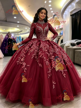 Burgundy Tulle Long Sleeve High Neck Beading Quinceanera Dress