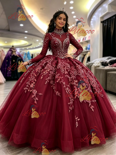 Burgundy Tulle Long Sleeve High Neck Beading Quinceanera Dress