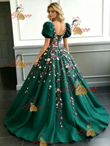 Green Tulle Puff Sleeve Appliques Prom Dress