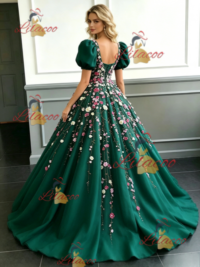 Green Tulle Puff Sleeve Appliques Prom Dress
