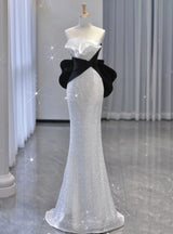 White Mermaid Sequins Pleats Prom Dress