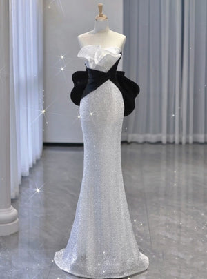 White Mermaid Sequins Pleats Prom Dress