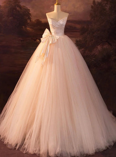 Champagne Tulle Pleats Bow Wedding Dress
