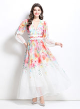 Flower Oil Painting Lace Stitching V-neck Dress
